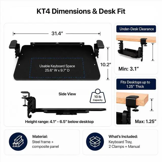 Alt view image 5 of 7 - Uncaged Ergonomics KT4 Clamp-On Keyboard Tray - No-Drill Height, Tilt & Slide Adjustment