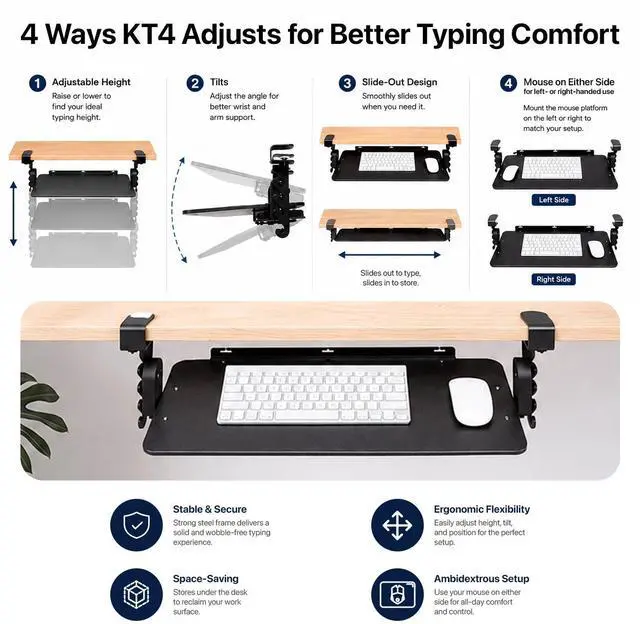 Alt view image 4 of 7 - Uncaged Ergonomics KT4 Clamp-On Keyboard Tray - No-Drill Height, Tilt & Slide Adjustment