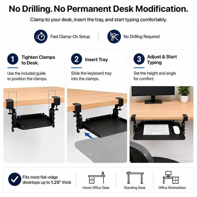 Alt view image 6 of 7 - Uncaged Ergonomics KT4 Clamp-On Keyboard Tray - No-Drill Height, Tilt & Slide Adjustment