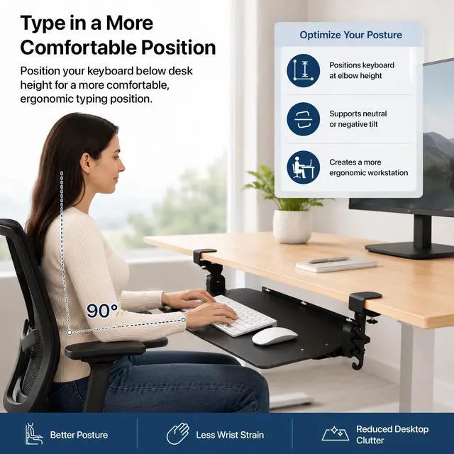 Alt view image 3 of 7 - Uncaged Ergonomics KT4 Clamp-On Keyboard Tray - No-Drill Height, Tilt & Slide Adjustment