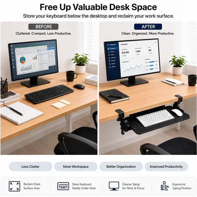 Alt view image 7 of 7 - Uncaged Ergonomics KT4 Clamp-On Keyboard Tray - No-Drill Height, Tilt & Slide Adjustment