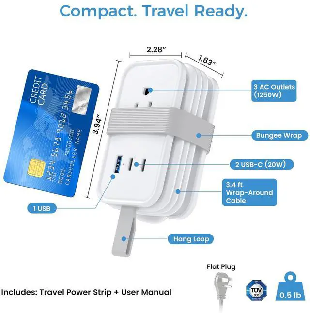 Alt view image 5 of 7 - Travel Power Strip with USB-C Ports, 3 AC, 2 USB-C (20W), 1 USB-A, 3.4 ft Wraparound Cord, Flat Plug, Non-Surge Compact Power Strip