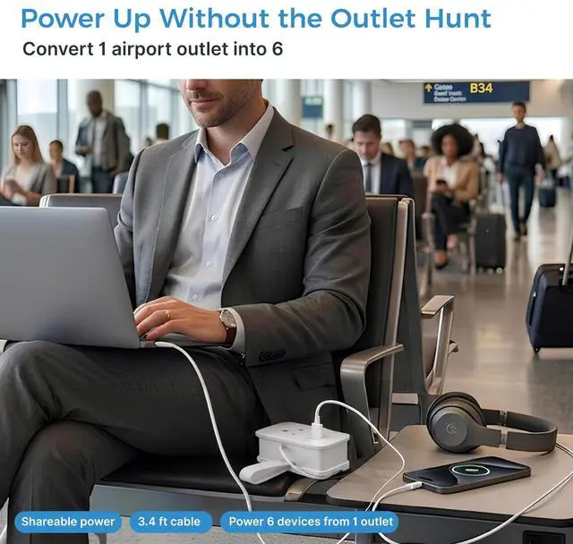 Alt view image 3 of 7 - Travel Power Strip with USB-C Ports, 3 AC, 2 USB-C (20W), 1 USB-A, 3.4 ft Wraparound Cord, Flat Plug, Non-Surge Compact Power Strip