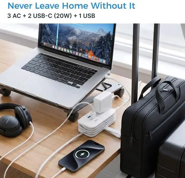 Alt view image 2 of 7 - Travel Power Strip with USB-C Ports, 3 AC, 2 USB-C (20W), 1 USB-A, 3.4 ft Wraparound Cord, Flat Plug, Non-Surge Compact Power Strip
