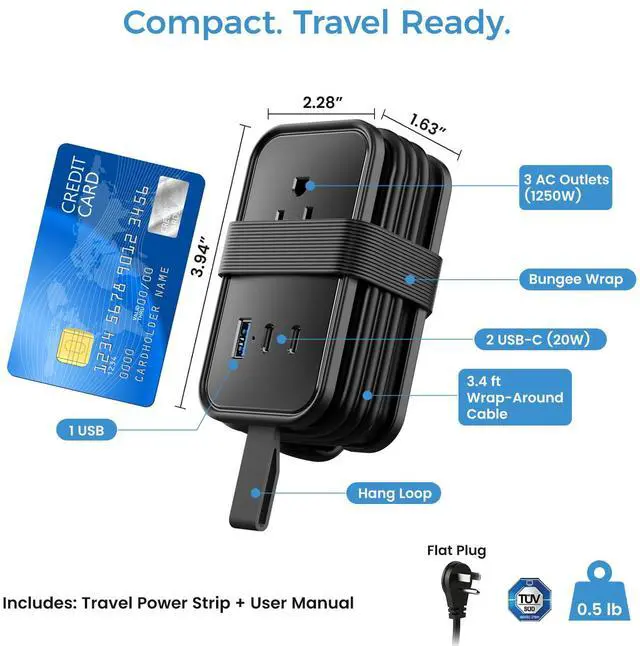Alt view image 5 of 7 - Travel Power Strip with USB-C Ports, 3 AC, 2 USB-C (20W), 1 USB-A, 3.4 ft Wraparound Cord, Flat Plug, Non-Surge Compact Power Strip