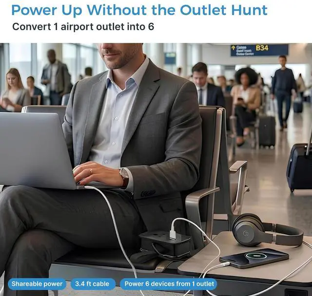 Alt view image 3 of 7 - Travel Power Strip with USB-C Ports, 3 AC, 2 USB-C (20W), 1 USB-A, 3.4 ft Wraparound Cord, Flat Plug, Non-Surge Compact Power Strip