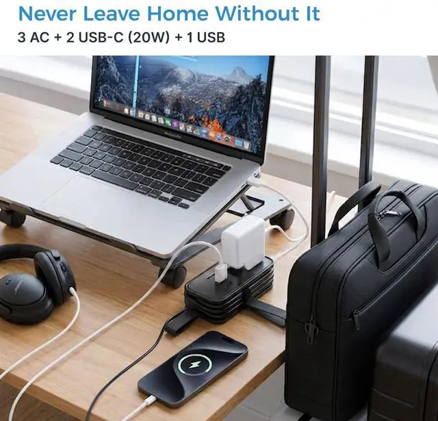 Alt view image 2 of 7 - Travel Power Strip with USB-C Ports, 3 AC, 2 USB-C (20W), 1 USB-A, 3.4 ft Wraparound Cord, Flat Plug, Non-Surge Compact Power Strip