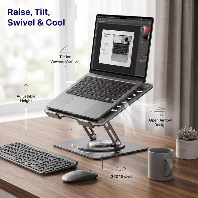 Main image of Adjustable Swivel Laptop Stand for Desk - 360° Rotating Steel Laptop Riser with Height & Tilt, Fits up to 16 Inches
