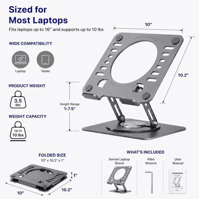 Alt view image 4 of 7 - Adjustable Swivel Laptop Stand for Desk - 360° Rotating Steel Laptop Riser with Height & Tilt, Fits up to 16 Inches