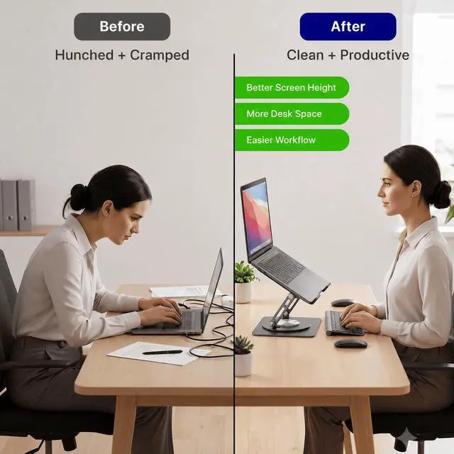 Alt view image 2 of 7 - Adjustable Swivel Laptop Stand for Desk - 360° Rotating Steel Laptop Riser with Height & Tilt, Fits up to 16 Inches