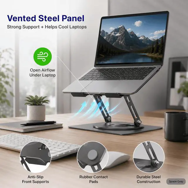 Alt view image 5 of 7 - Adjustable Swivel Laptop Stand for Desk - 360° Rotating Steel Laptop Riser with Height & Tilt, Fits up to 16 Inches