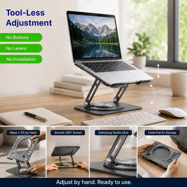 Alt view image 3 of 7 - Adjustable Swivel Laptop Stand for Desk - 360° Rotating Steel Laptop Riser with Height & Tilt, Fits up to 16 Inches