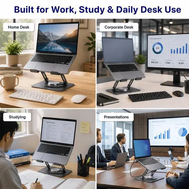Alt view image 6 of 7 - Adjustable Swivel Laptop Stand for Desk - 360° Rotating Steel Laptop Riser with Height & Tilt, Fits up to 16 Inches