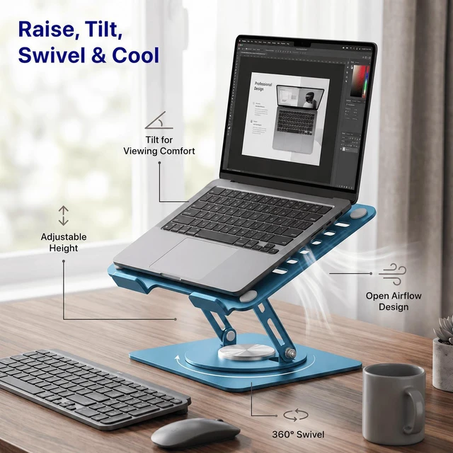 Alt view image 2 of 7 - Adjustable Swivel Laptop Stand for Desk - 360° Rotating Steel Laptop Riser with Height & Tilt, Fits up to 16 Inches