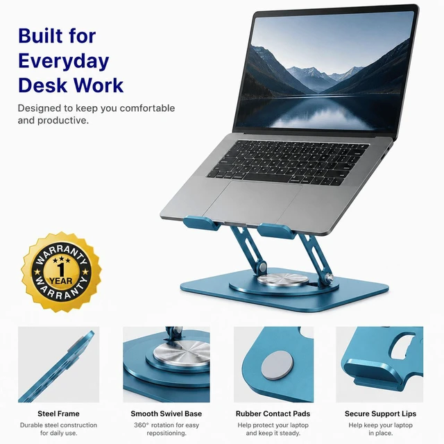 Alt view image 7 of 7 - Adjustable Swivel Laptop Stand for Desk - 360° Rotating Steel Laptop Riser with Height & Tilt, Fits up to 16 Inches