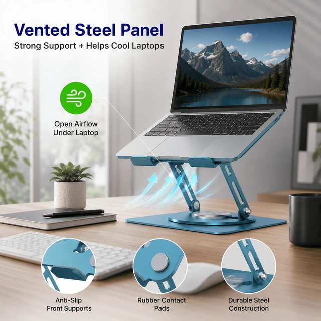 Alt view image 6 of 7 - Adjustable Swivel Laptop Stand for Desk - 360° Rotating Steel Laptop Riser with Height & Tilt, Fits up to 16 Inches