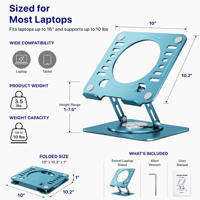 Alt view image 5 of 7 - Adjustable Swivel Laptop Stand for Desk - 360° Rotating Steel Laptop Riser with Height & Tilt, Fits up to 16 Inches