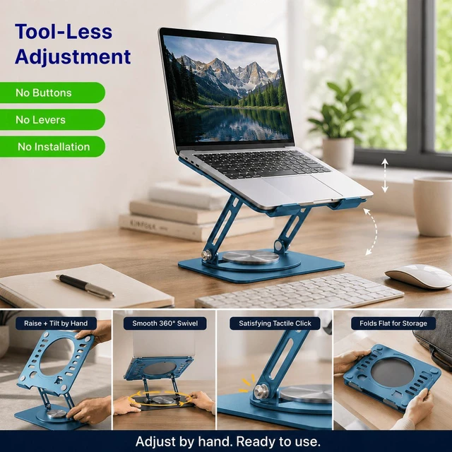 Alt view image 4 of 7 - Adjustable Swivel Laptop Stand for Desk - 360° Rotating Steel Laptop Riser with Height & Tilt, Fits up to 16 Inches