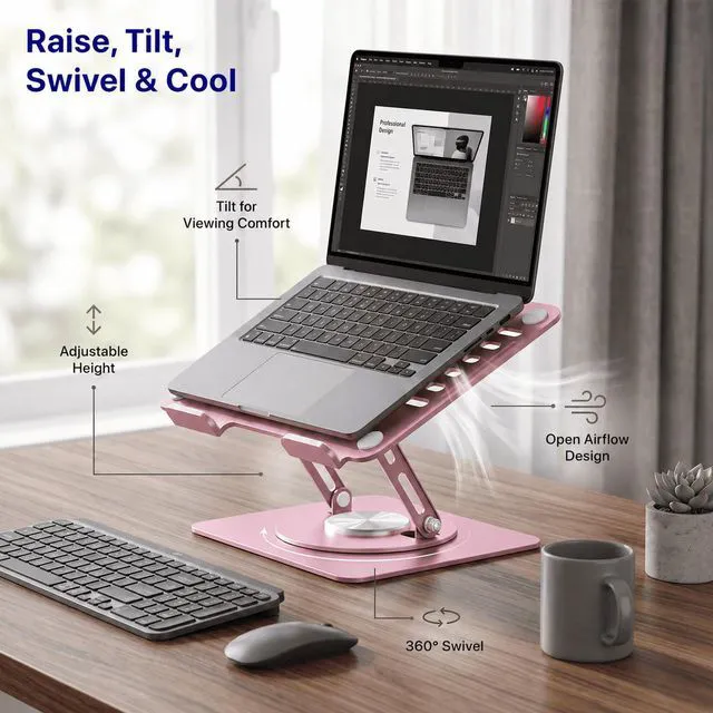 Alt view image 2 of 7 - Adjustable Swivel Laptop Stand for Desk - 360° Rotating Steel Laptop Riser with Height & Tilt, Fits up to 16 Inches