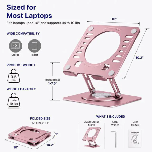 Alt view image 5 of 7 - Adjustable Swivel Laptop Stand for Desk - 360° Rotating Steel Laptop Riser with Height & Tilt, Fits up to 16 Inches