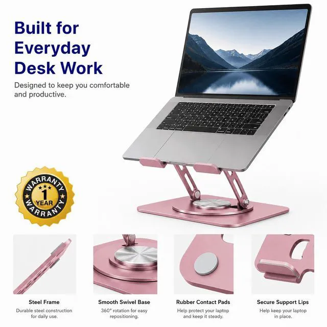 Alt view image 7 of 7 - Adjustable Swivel Laptop Stand for Desk - 360° Rotating Steel Laptop Riser with Height & Tilt, Fits up to 16 Inches