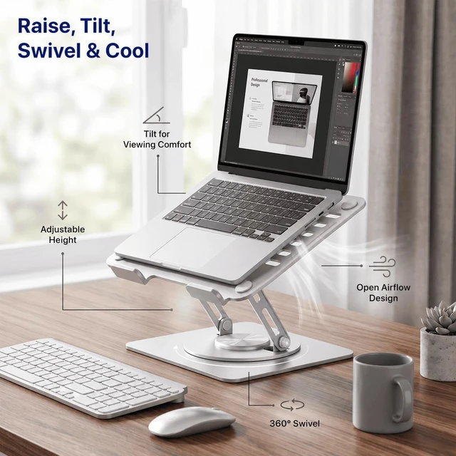 Alt view image 2 of 7 - Adjustable Swivel Laptop Stand for Desk - 360° Rotating Steel Laptop Riser with Height & Tilt, Fits up to 16 Inches