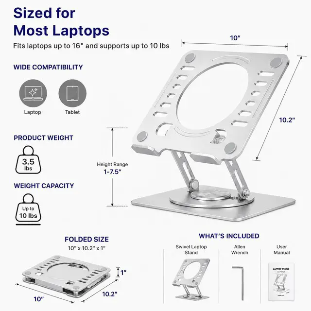 Alt view image 5 of 7 - Adjustable Swivel Laptop Stand for Desk - 360° Rotating Steel Laptop Riser with Height & Tilt, Fits up to 16 Inches