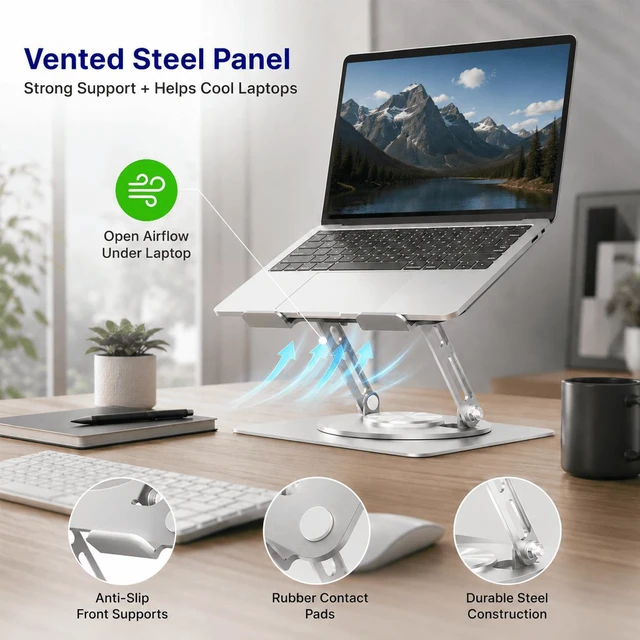 Alt view image 6 of 7 - Adjustable Swivel Laptop Stand for Desk - 360° Rotating Steel Laptop Riser with Height & Tilt, Fits up to 16 Inches