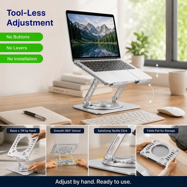 Alt view image 4 of 7 - Adjustable Swivel Laptop Stand for Desk - 360° Rotating Steel Laptop Riser with Height & Tilt, Fits up to 16 Inches