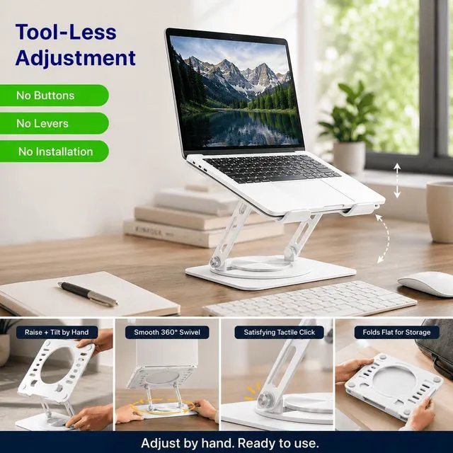 Alt view image 3 of 7 - Adjustable Swivel Laptop Stand for Desk - 360° Rotating Steel Laptop Riser with Height & Tilt, Fits up to 16 Inches