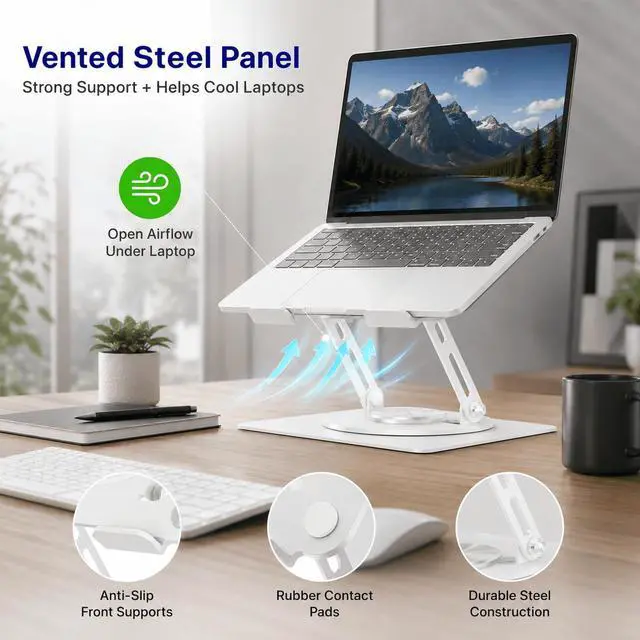 Alt view image 5 of 7 - Adjustable Swivel Laptop Stand for Desk - 360° Rotating Steel Laptop Riser with Height & Tilt, Fits up to 16 Inches