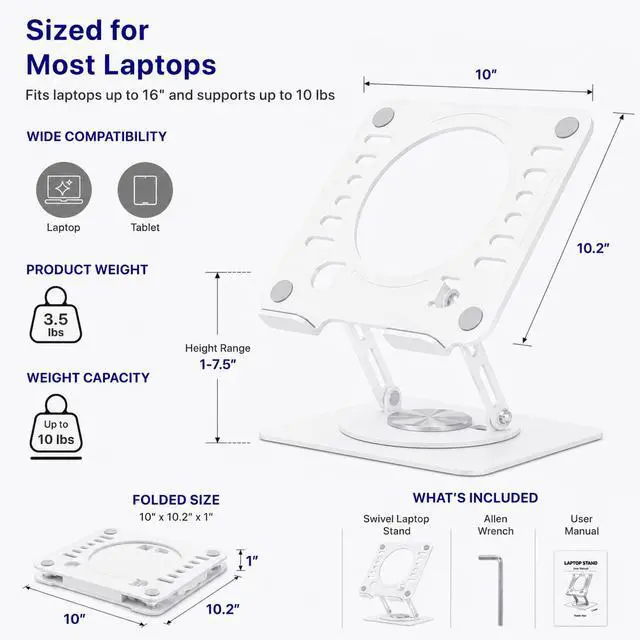 Alt view image 4 of 7 - Adjustable Swivel Laptop Stand for Desk - 360° Rotating Steel Laptop Riser with Height & Tilt, Fits up to 16 Inches