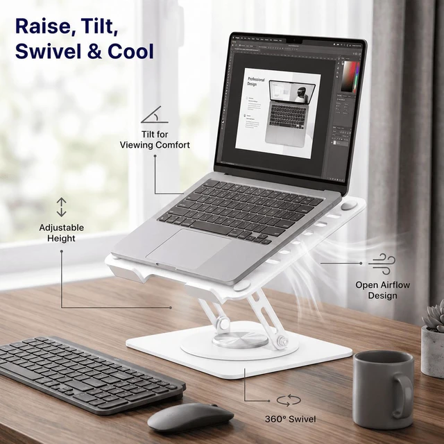 Main image of Adjustable Swivel Laptop Stand for Desk - 360° Rotating Steel Laptop Riser with Height & Tilt, Fits up to 16 Inches
