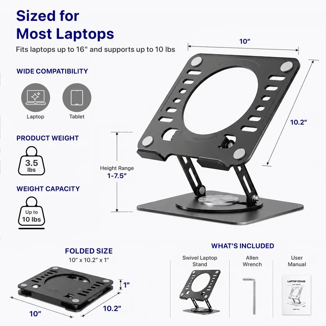 Alt view image 5 of 7 - Adjustable Swivel Laptop Stand for Desk - 360° Rotating Steel Laptop Riser with Height & Tilt, Fits up to 16 Inches