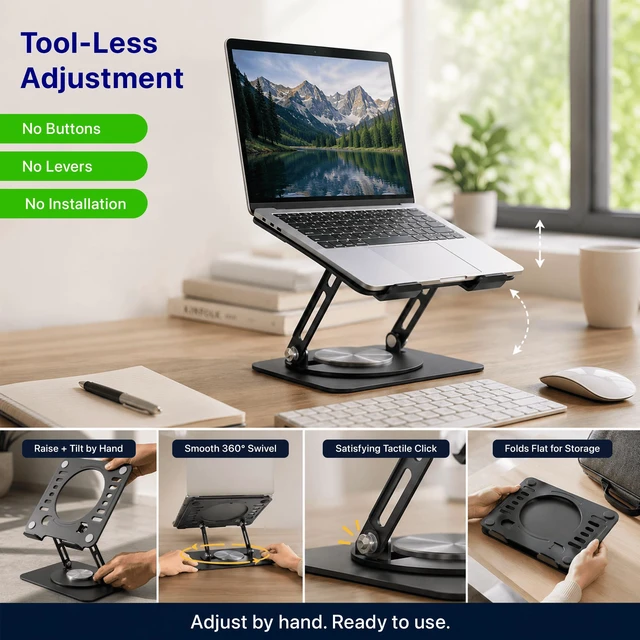 Alt view image 4 of 7 - Adjustable Swivel Laptop Stand for Desk - 360° Rotating Steel Laptop Riser with Height & Tilt, Fits up to 16 Inches