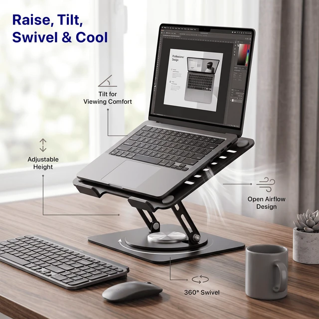 Alt view image 2 of 7 - Adjustable Swivel Laptop Stand for Desk - 360° Rotating Steel Laptop Riser with Height & Tilt, Fits up to 16 Inches