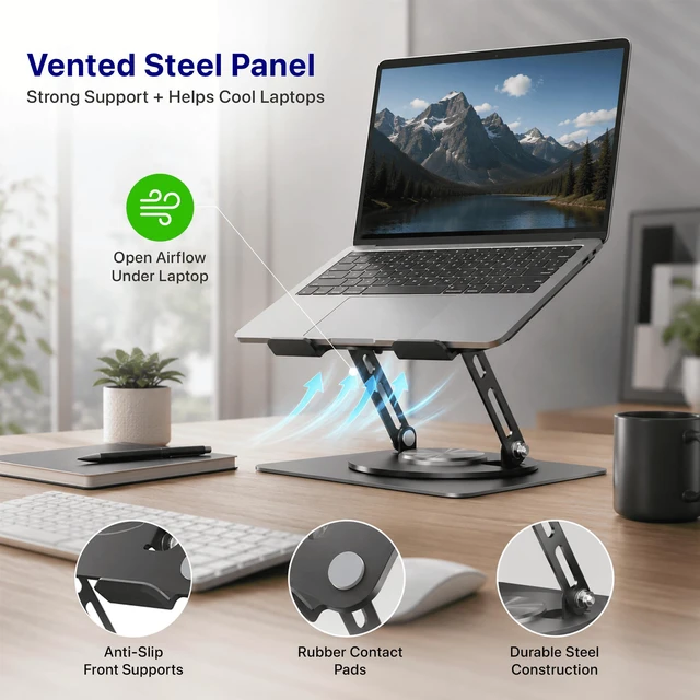 Alt view image 6 of 7 - Adjustable Swivel Laptop Stand for Desk - 360° Rotating Steel Laptop Riser with Height & Tilt, Fits up to 16 Inches