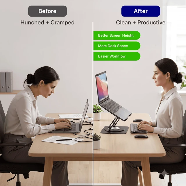 Alt view image 3 of 7 - Adjustable Swivel Laptop Stand for Desk - 360° Rotating Steel Laptop Riser with Height & Tilt, Fits up to 16 Inches