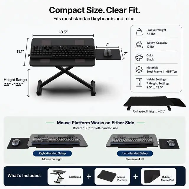 Alt view image 5 of 7 - KT3 Adjustable Keyboard Stand with Mouse Platform - Height Adjustable Keyboard Riser for Desks, Counters and Workstations