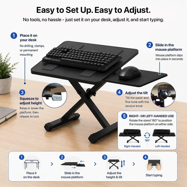 Alt view image 4 of 7 - KT3 Adjustable Keyboard Stand with Mouse Platform - Height Adjustable Keyboard Riser for Desks, Counters and Workstations