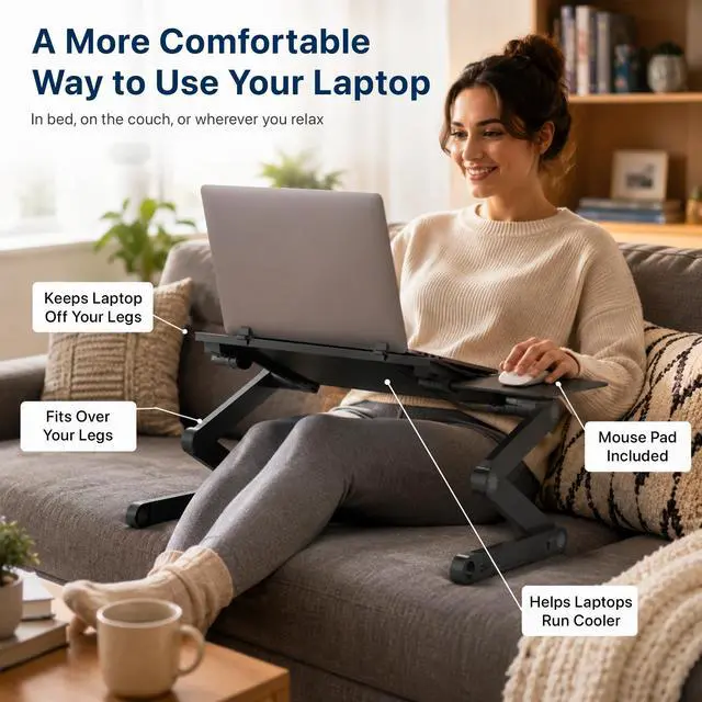 Alt view image 3 of 7 - Adjustable Laptop Stand and Lap Desk for Bed, Couch and Desk - WorkEZ Best Aluminum Laptop Table with Mouse Pad, Black