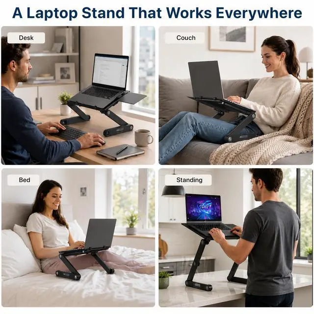 Alt view image 2 of 7 - Adjustable Laptop Stand and Lap Desk for Bed, Couch and Desk - WorkEZ Best Aluminum Laptop Table with Mouse Pad, Black