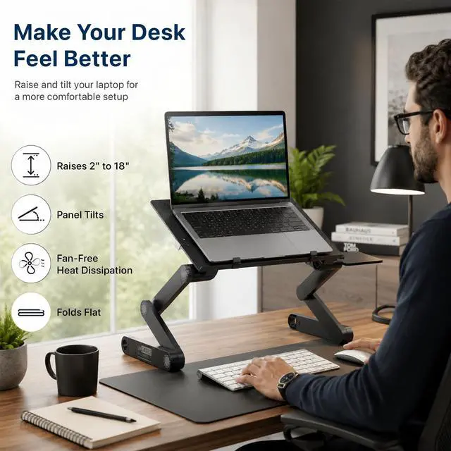 Alt view image 4 of 7 - Adjustable Laptop Stand and Lap Desk for Bed, Couch and Desk - WorkEZ Best Aluminum Laptop Table with Mouse Pad, Black