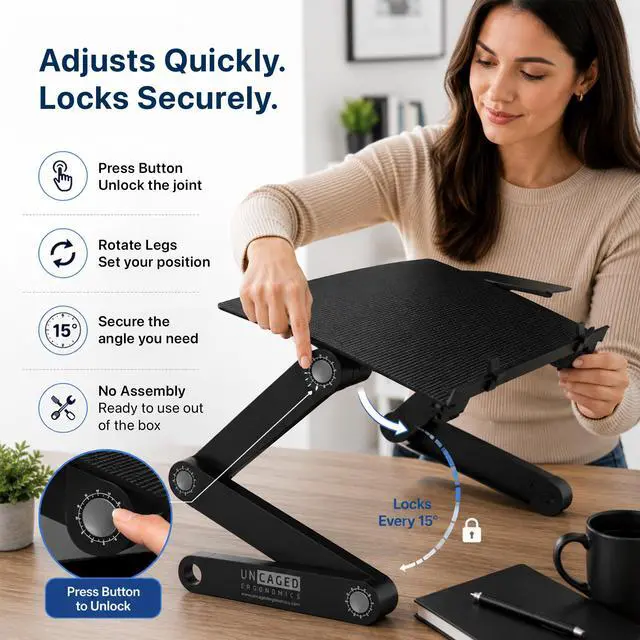 Alt view image 5 of 7 - Adjustable Laptop Stand and Lap Desk for Bed, Couch and Desk - WorkEZ Best Aluminum Laptop Table with Mouse Pad, Black