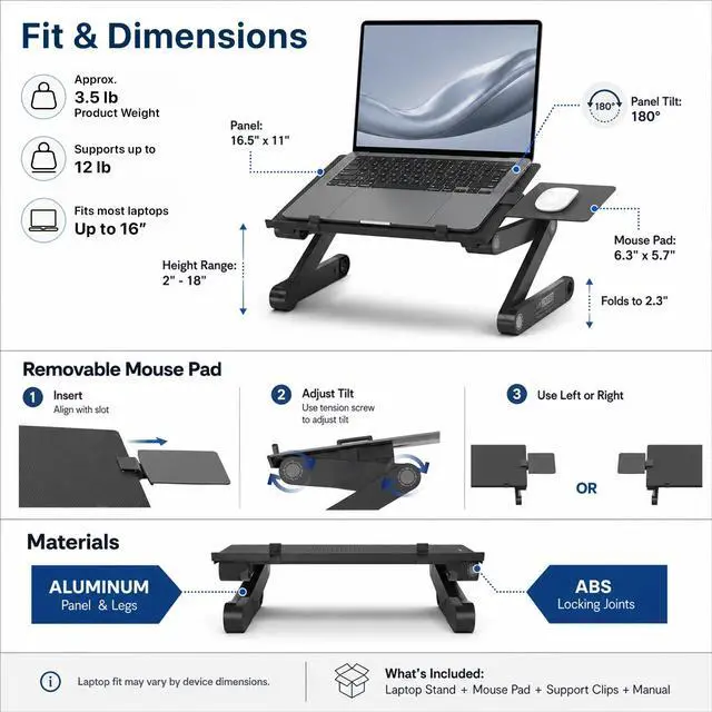 Alt view image 6 of 7 - Adjustable Laptop Stand and Lap Desk for Bed, Couch and Desk - WorkEZ Best Aluminum Laptop Table with Mouse Pad, Black