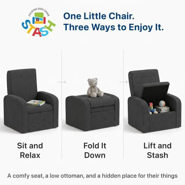Alt view image 2 of 7 - STASH 3-in-1 Kids Chair with Storage, Upholstered Seat and Fold-Down Ottoman