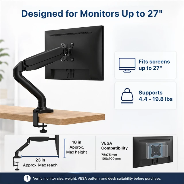 Alt view image 5 of 7 - Single Monitor Arm for Desk - Gas Spring VESA Mount, No USB Ports