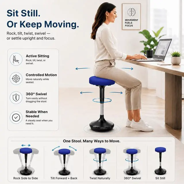 Alt view image 4 of 7 - Wobble Stool Standing Desk Stool - 24-34 Inch Height Adjustable Active Sitting Balance Stool