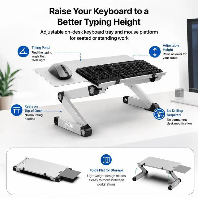Alt view image 2 of 7 - WorkEZ Adjustable Keyboard Stand - On-Desk Keyboard and Mouse Riser for Standing Work