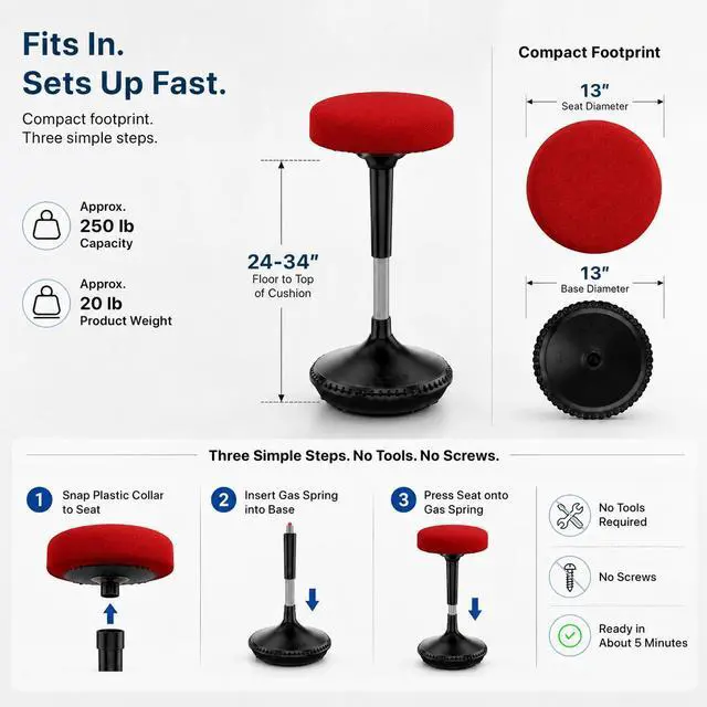 Alt view image 7 of 7 - Wobble Stool Standing Desk Stool - 24-34 Inch Height Adjustable Active Sitting Balance Stool